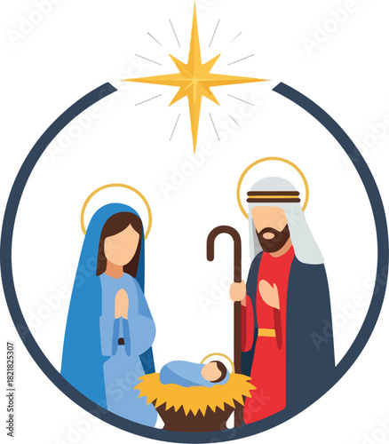 Nativity Scene: A depiction of the nativity scene, capturing the essence of the holy family with Mary, Joseph, and the infant baby, centered around the star of Bethlehem.