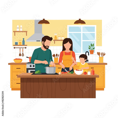 A family cooks together joyfully in a kitchen dad stirs a pot, mom chops veggies while kid assists