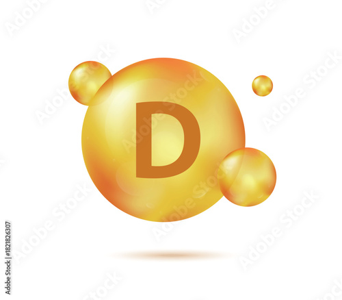 Vitamin D gold capsule. Pill capcule vector illustration isolated on white background. Nutrition skin care. Beauty and health vector concept. Vector illustration