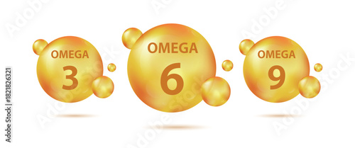 Omega acids three six and nine. Polyunsaturated fatty Omega-3, Omega-6, Omega-9. Fish oil pills. Natural fish, organic vitamin, nutrient. Vector realistic capsules