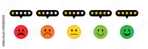 Emoji feedback scale with stars line Icon. Customer's service and evaluation review sign. Angry, sad, neutral and happy emoticon set. Emoticon feedback. Vector illustration