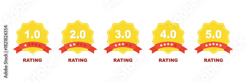 Feedback or rating. Set of rating stars badges with ribbon in a flat design. Customer product rating review. Set of a rating stamp, badge. Rank, level of satisfaction. Vector illustration
