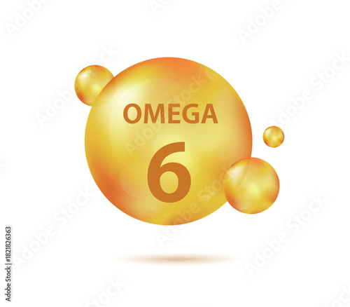 Omega 6 gold capsule. Vitamin drop pill capsule. Shining golden essence droplet. Beauty treatment nutrition skin care design. Beauty and health vector concept. Vector illustration