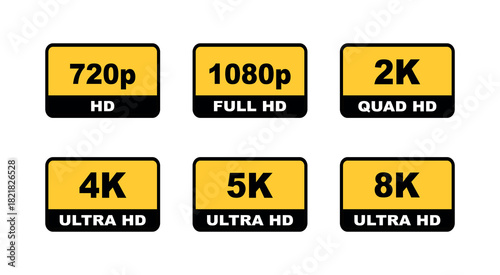 Video dimension labels. Video resolution 720, 1080, 2k, 4k,5k, 8k badges. Quality element. Badges quality. Vector illustration