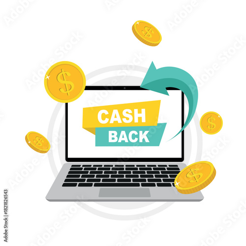 Cash back, money saving vector concept with dollar coins and arrows. Bonus program reward. Online shopping, cash back sale offer emblem, cash back service. Money cashback poster with gold dollar coins