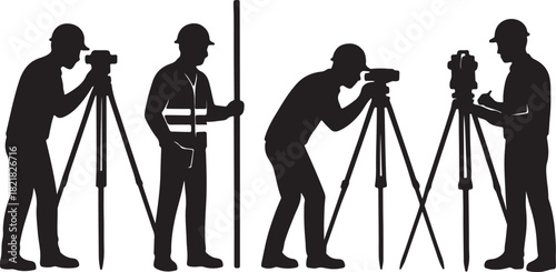 Surveyor silhouettes vector land surveying workers, construction engineering theodolite measurement figures