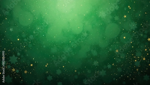 Elegant emerald green background with shimmering gold snowflakes and sparkling bokeh lights for Christmas holiday designs and festive celebrations
