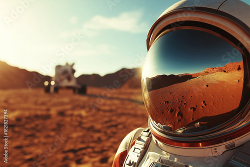 Astronaut exploring the Martian landscape during sunset