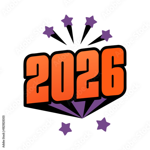 2026 text with purple stars and burst effect year new year