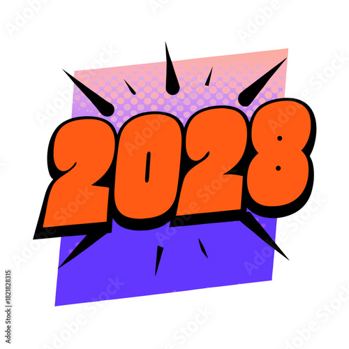 2028 text with purple and pink abstract background
