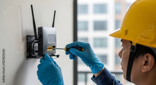 Caucasian man technician installing wi-fi router on wall with screwdriver for home networking. Internet service provisioning and repair concept.