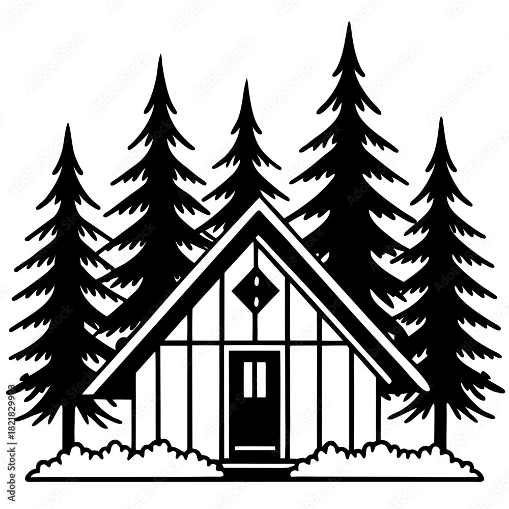 Obraz premium Cabin in the Woods A Serene Forest Retreat Illustration.