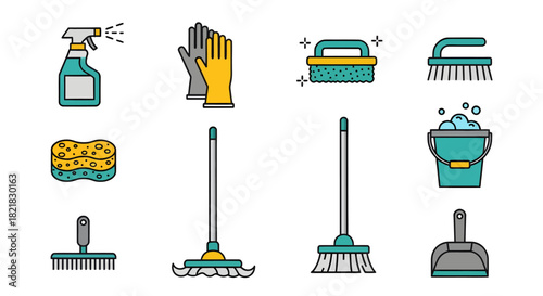 Collection of cleaning supplies and tools for household chores, including sprays, sponges, mops, and buckets