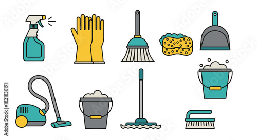 Collection of cleaning tools and equipment for household chores, including a vacuum, mop, broom, bucket, gloves, and spray bottle
