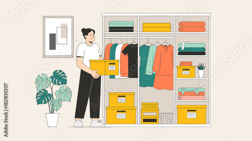 woman organizing clothes in a wardrobe vector illustration 