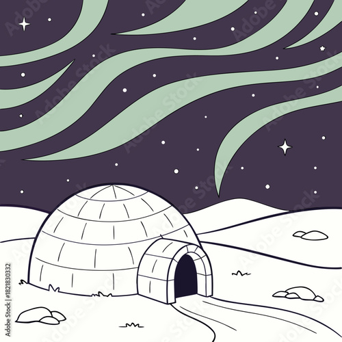 Igloo under the Northern Lights in a Snowy Landscape.