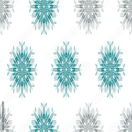 A repeating pattern of intricate teal and grey abstract symmetrical designs on a clean white background, resembling stylized snowflakes or crystalline structures.