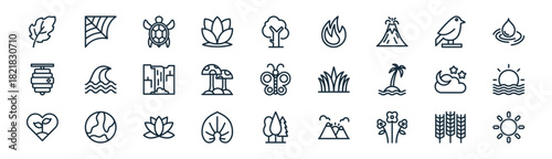 linear nature icon pack. vector thin line icons collection such as wheat, spiderweb, turtle, bird, mushroom, sunrise, trees, sun