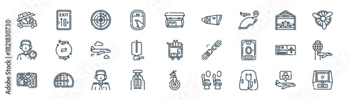 linear airplane icon pack. vector thin line icons collection such as cargo plane, passenger, radar, hangar, oxygen mask, air traffic controller, landing gear, entertainment