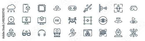 linear virtual technology icon pack. vector thin line icons collection such as hologram, augmented reality, chip, body scan, augmented reality, video, d, affiliate
