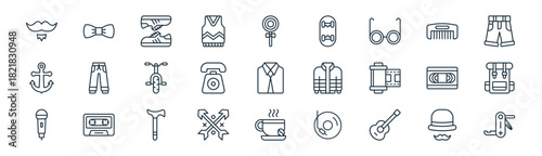 linear hipster icon pack. vector thin line icons collection such as hat, bow tie, shoes, comb, telephone, backpack, coffee, swiss army