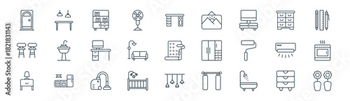 linear interior design icon pack. vector thin line icons collection such as drawers, dining table, book, drawers, living room, oven, roof lamp, flowers