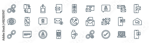 linear messagging and communication icon pack. vector thin line icons collection such as chat program, connect, label, mail, sent, chat bubble, smartwatch, smartphone