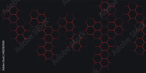 Abstract dark hexagon pattern on red neon background technology style. Modern futuristic geometric shape web banner design. You can use for cover template, poster, flyer, print ad. Vector illustration