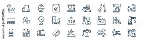linear industrial process icon pack. vector thin line icons collection such as production line, robotic arm, engineering, fuel pump, hydraulic car, tower crane, factory, mechanic