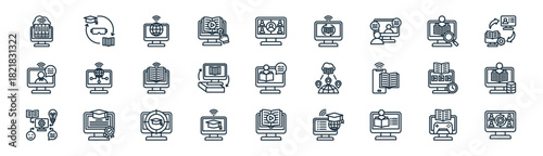 linear online learning icon pack. vector thin line icons collection such as gamification, immersive, website, analysis, blended learning, online learning, audio book, virtual education