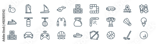 linear sport and games icon pack. vector thin line icons collection such as hockey, chess, windsurf, kendo, skipping rope, golf, speed boat, bowling
