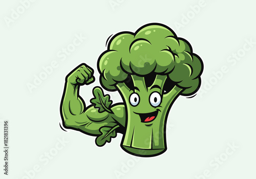 Cartoon broccoli character flexing biceps depicting strength and health