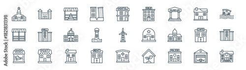 linear buildings icon pack. vector thin line icons collection such as aviation, victorian house, work in progress, villa, lighthouse, appartment, phary, mansion