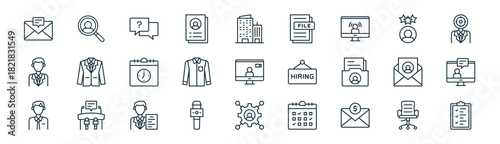 linear interview icon pack. vector thin line icons collection such as office chair, recruitment, question, rating, shirt, talk show, skills, checklist