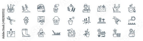 linear gardening icon pack. vector thin line icons collection such as flower pot, plant, basket, planting, seed, watering can, basket, flower pot