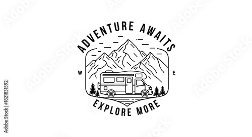Adventure awaits explore more illustration rv camper mountains travel logo