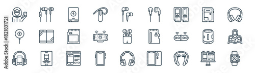 linear gadget icon pack. vector thin line icons collection such as billboard, headphones, power bank,  , speaker, smartphone, headphones, smart watch