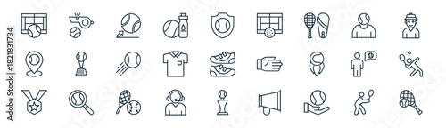 linear tennis elements icon pack. vector thin line icons collection such as tennis player, whistling, tennis ball, player, t shirt, player, sports trophy,