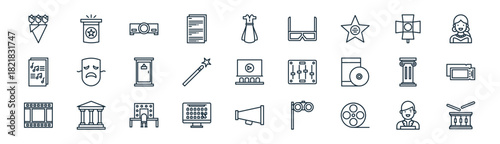 linear theatre icon pack. vector thin line icons collection such as avatar, magic hat, projector, spotlight, magic wand, ticket, megaphone, drum