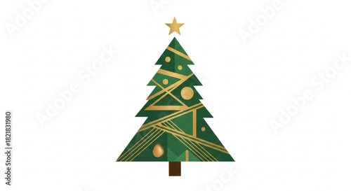 Elegant Christmas tree design with gold star and geometric ornaments, ideal for holiday greetings and festive decorations during the joyous winter season