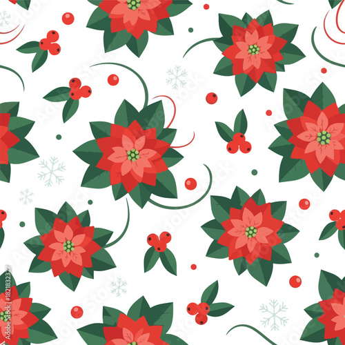 Festive Floral Fantasy: Vibrant poinsettia blooms, with a seamless, repeating pattern, bring a touch of holiday cheer and natural beauty. This image evokes feelings of warmth.