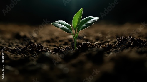 This image captures a small green sprout breaking through dark soil, symbolizing hope and new beginnings, representing nature's resilience and the cycle of life.