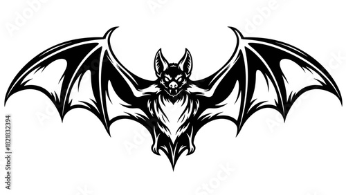 Black and white bat illustration with spread wings for graphic design