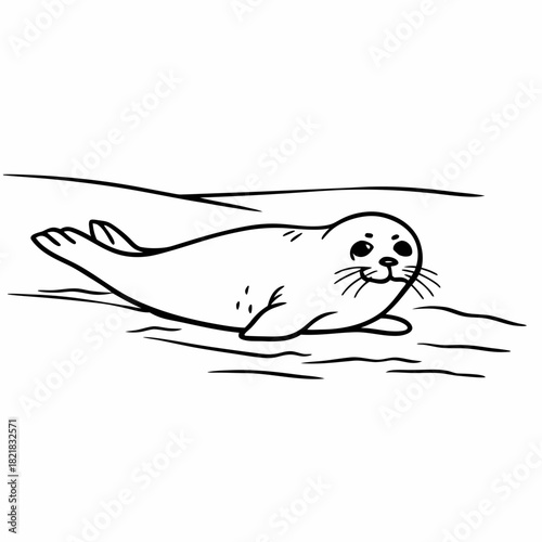 Adorable Seal Pup Resting on Ice Black and White Outline.