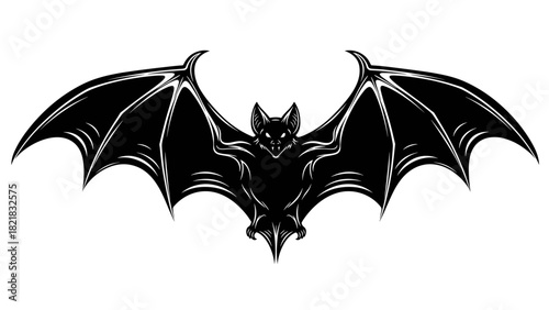 Black bat silhouette with outstretched wings on white background