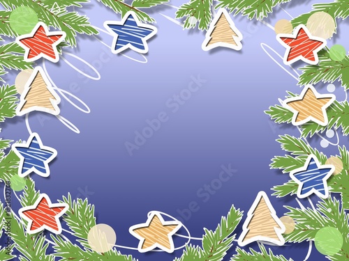New Year's frame made of fir branches with stars and balls.