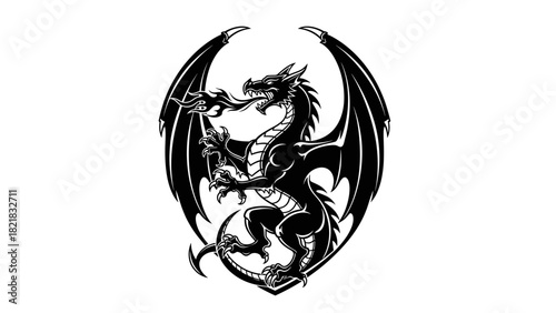 Black dragon illustration on white background fantasy mythical creature art