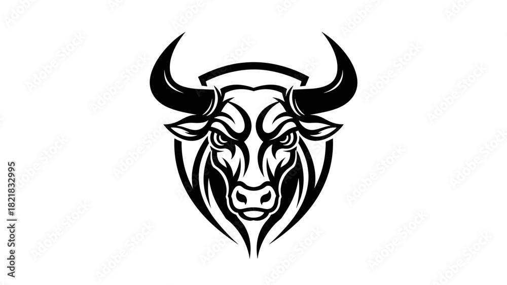 Fototapeta premium Bold black and white illustration of a bull with stylized horns and a determined gaze