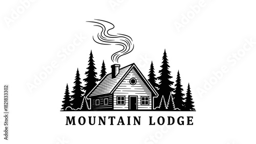 Cabin illustration with pine trees and smoke for recreational or travel concepts