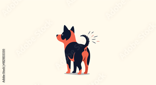 Cute cartoon dog standing and wagging its tail happily in a simple and modern flat design illustration on a beige background.